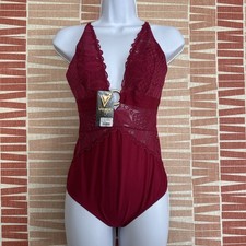 Lace bodysuit with a deep V-neck in burgundy red. Size L.