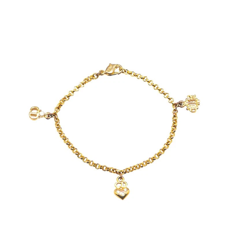 Bracciale Dior Emblema Logo Cd Motivo Cuore Strass Catena Placcato Oro Donna