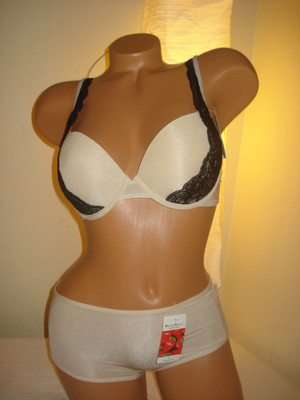 Berry Perry Bra & Panty Set Beige Blue Push Up Lace