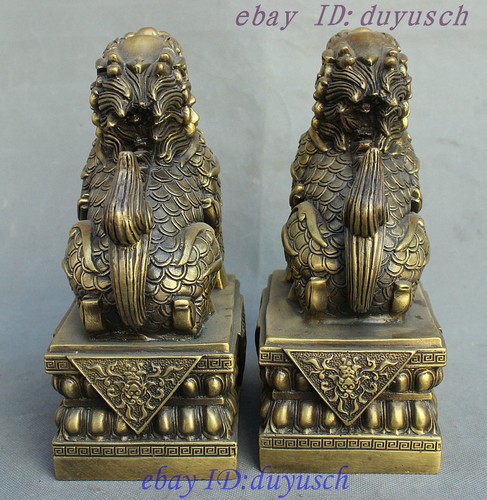 9" Chinese FengShui Pure Bronze Wealth Dragon Kylin Unicorn Chi-lin Statue Pair - Picture 11 of 12