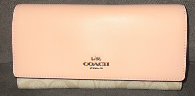 Coach Signature Leather Trifold ID Wallet Clutch Khaki/Peach Style#B2246 $250