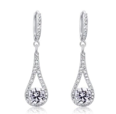 Round Cut Real Moissanite Dangle Drop Earrings 14K White Gold Plated 