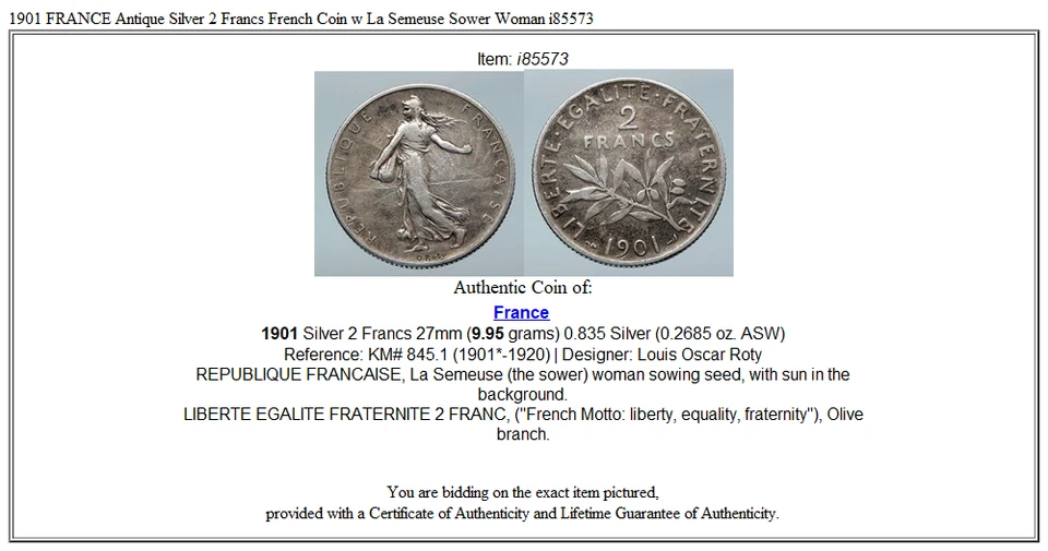 Moneda francesa de 2 francos de plata antigua de Francia de 1901 con mujer sembradora La Semeuse i85573 Foto 3 de 3