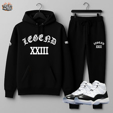 Men's Black Hoodie Joggers Sweatsuit To Match Jordan 11 Black White Tracksuit