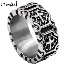 MENDEL Mens Stainless Steel Gothic Christian Cross Band Ring For Men Size 6-15