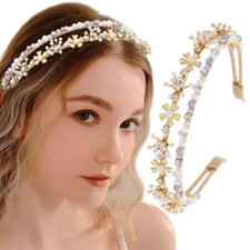 Gold Double Headbands Gray Pearls Hair Bands Bling Crystal Rhinestones Grey