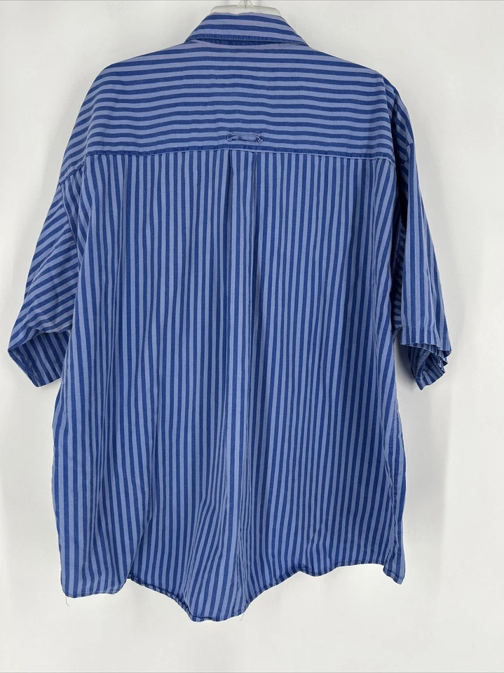 Vintage LE TIGRE Men's 2X Short Sleeve Blue Striped Button Down Shirt Made USA - Image 3 of 4