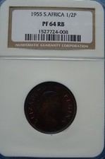 Südafrika 1955 Kupfer 1/2 Penny Südafrika NGC PF 64 RB! Seltenheit!Hohes Grading