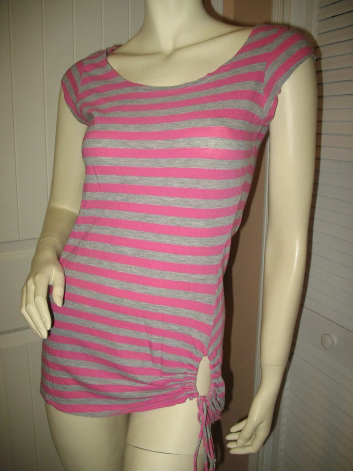 Y2K Forever 21 Long Bodycon Top M Cap Sleeve Striped Pink Gray Streetwear Surfer - Image 4 of 4