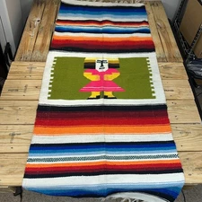Vintage Mexican Aztec Hand Woven Wool Rug Blanket 49"x25" Double Sided