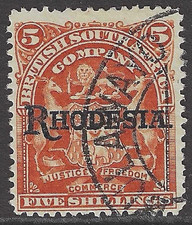 SG 110 Rhodesia 1909 5/- Orange. Very fine used. CAT £120