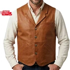 Men's Genuine Brown Leather Vest Cowboy Western Waistcoat Vintage Biker Style