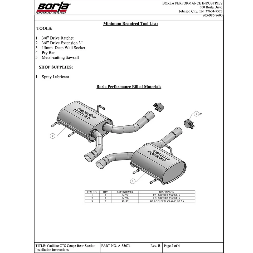 Kit de escape trasero de eje Touring Borla 11824 para Cadillac CTS Coupé 2011-14 3,6 L V6 Foto 4 de 4