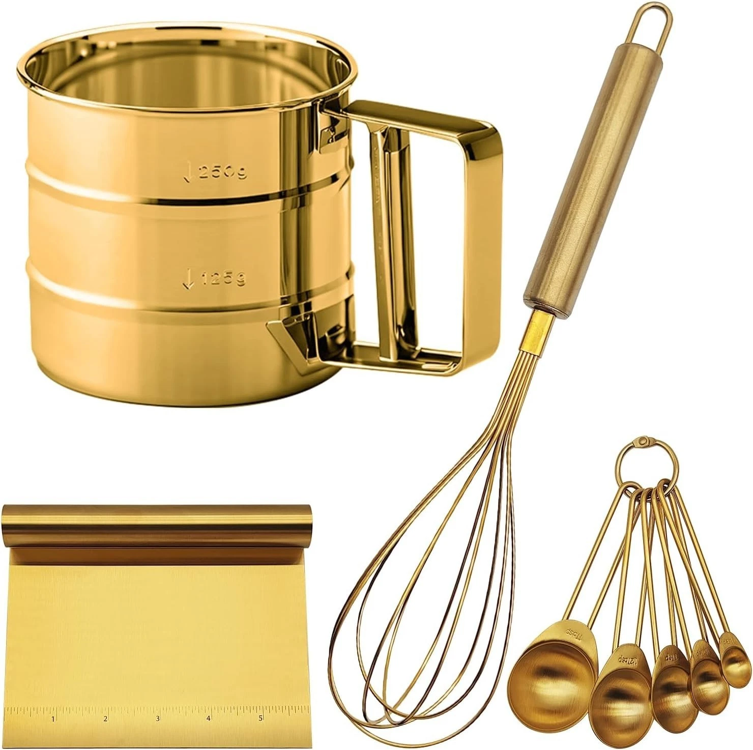 Gold Flour Sifter Baking Tool Set Stainless Steel 4-Piece Kit W/ 10" Whisk Dough
Opens in a new wind