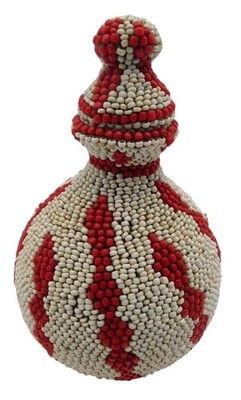 Vintage Hand Beaded Gourd Bottle Vase Red White Tribal Folk Art 6'' READ