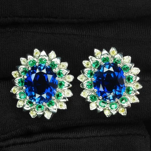 Floral Vivid Blue Sapphire 10Ct 925 Sterling Silver White Gold Halo Earrings