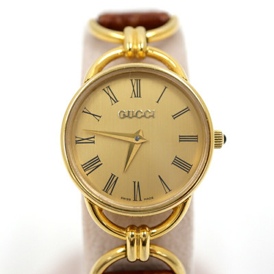 GUCCI Round Watch Quartz GP Leather Gold Brown Ivory Dial 6000.2.L
