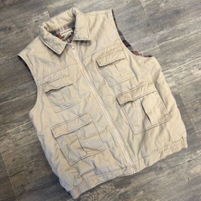 Scandia Woods Plaid Lined Safari Vest Men Size Large TL Khaki Full Zip Cotton