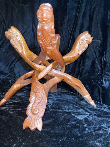 Vintage Handgeschnitzter Tisch 10" Quer Ständer Skulptur Drachen Holz Kunst Ständer - Bild 3 von 7