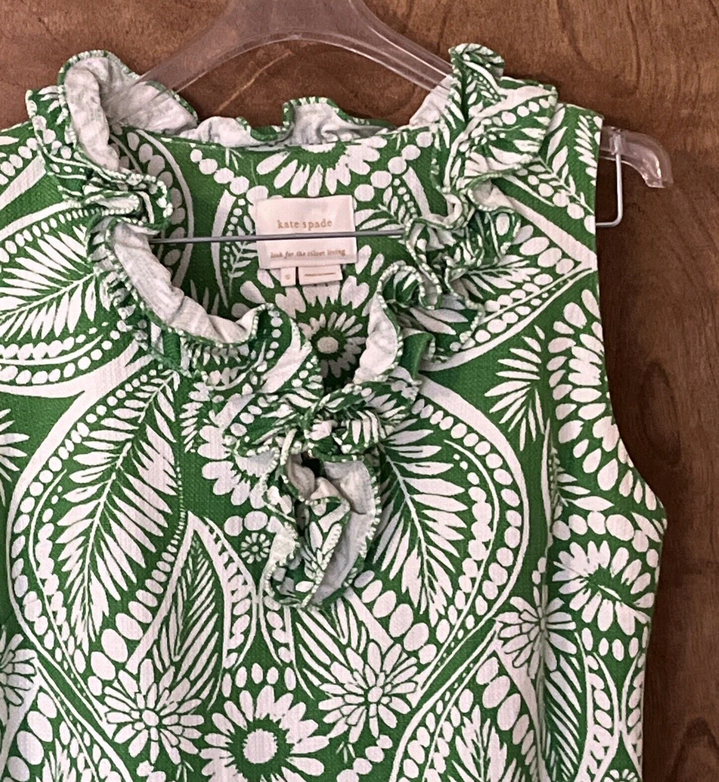 Abito tubino botanico verde e bianco KATE SPADE collo arricciato senza maniche taglia S