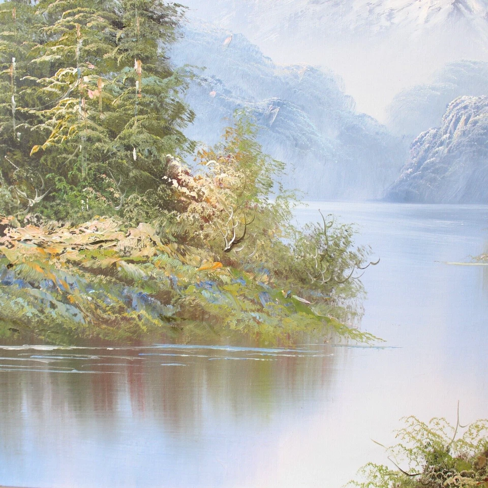 Vintage Oil Painting by R. Boren Cabin Creek Mountains Bob Ross Style 41"x29" - Image 4 of 4