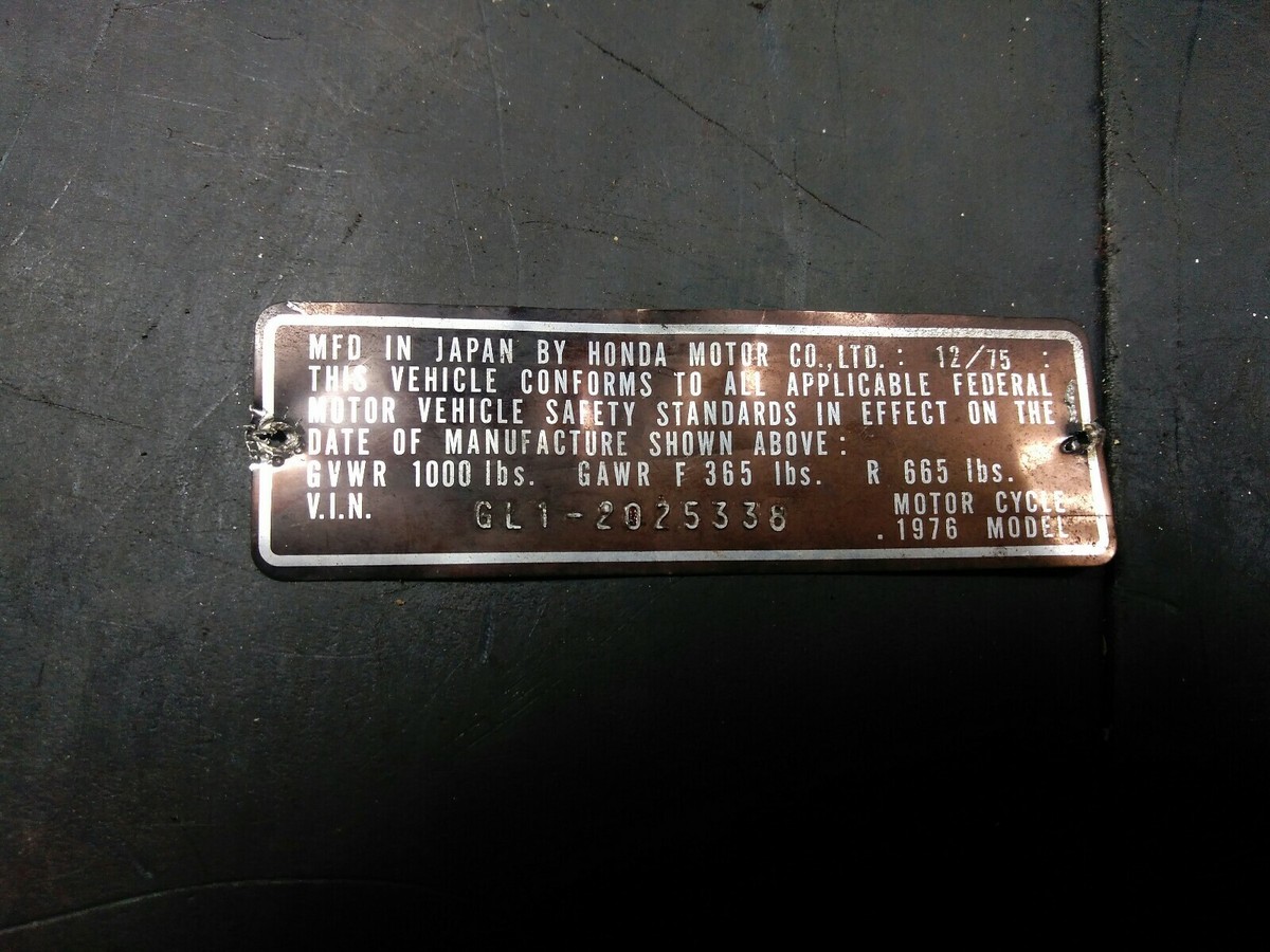 1976 Honda GoldWing GL1000 Frame Tag GL 1000 Information Plate