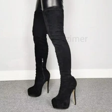 Women Thigh High Platform Boots Black Faux Suede High Heels Over Knee Boots Shoe