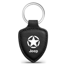 Jeep Willys Star Logo Soft Real Black Leather Shield-Style Key Chain