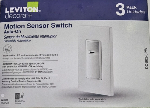 Leviton Decora Motion Sensor InWall Switch, Auto-On, 2A, Single Pole, WHITE (3PK