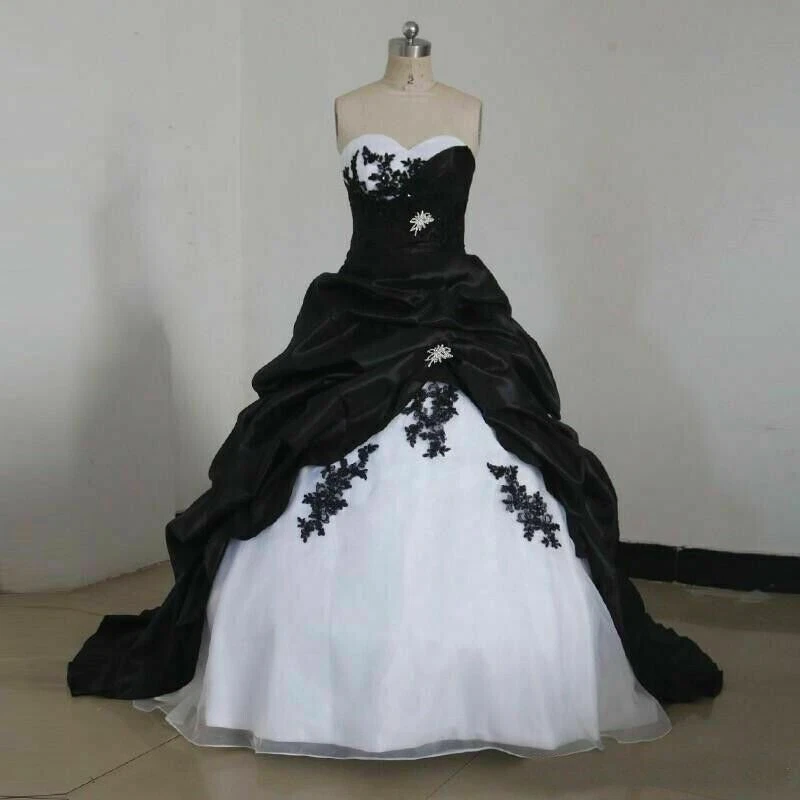 Vestidos de novia vintage blanco y negro sin tirantes de organza línea A vestidos de novia Foto 2 de 4