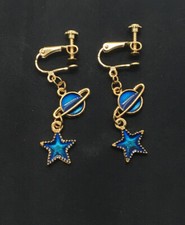 Gold-tone Earring Set Clip-On Non-Pierced Blue Sun Moon Stars New 2656