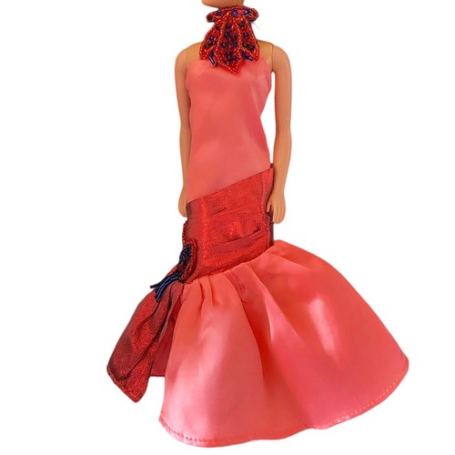 Vtg 1990's Barbie Flores De Mayo Peach Coral Dress Beaded Formal Mermaid Gown - Picture 6 of 10
