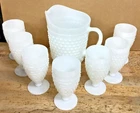 Vintage Anchor Hocking White Milk Glass Hobnail & Bars Pitcher with 7 Glasses