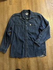 Carhartt Dark Washed Denim Cotton Button Up Work Shirt Long Sleeve Mens Large