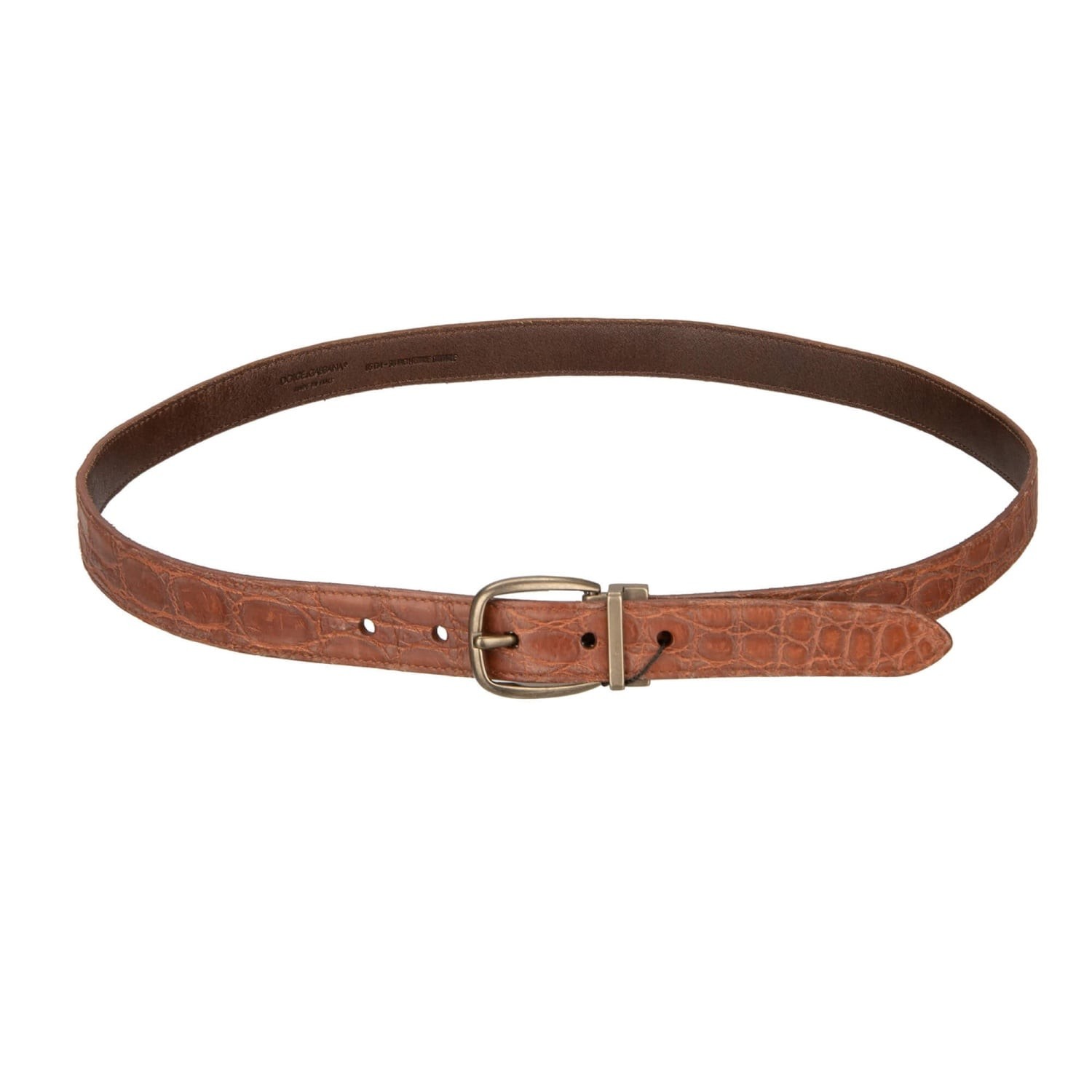 DOLCE & GABBANA Antique Gold Metal Buckle Croco Leather Belt Brown 95 38