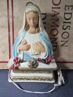 Vintage Virgin Mary Chalkware Statue God Bless Our Home Light Up Mid Century