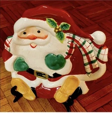 Christmas Fitz and Floyd Plaid Santa Canape Candy Dish Vintage With Box
