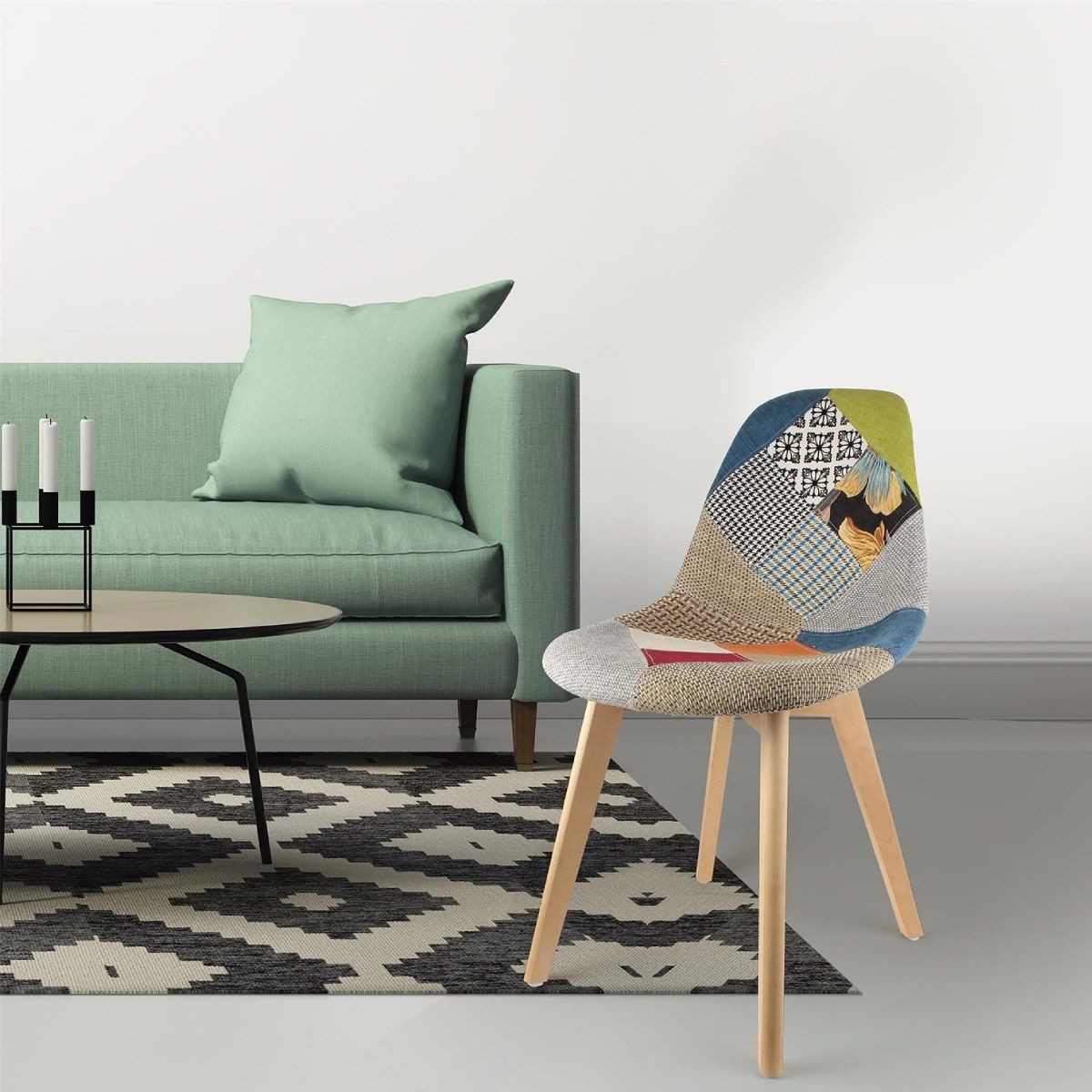Chaises scandinaves patchwork colorées avec pieds en hêtre massif pour salon - 4