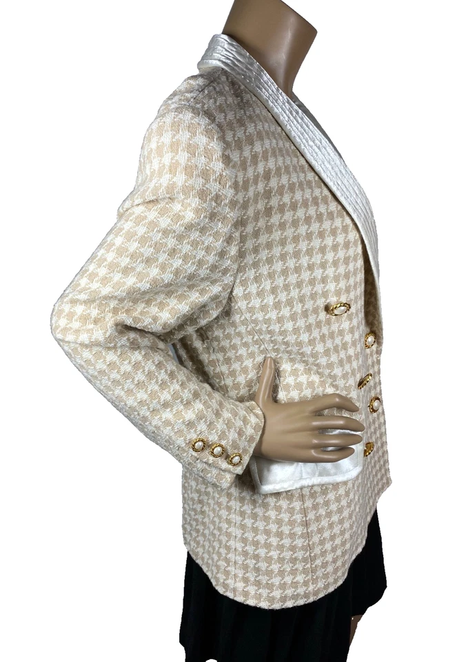 Mondi Houndstooth двубортный блейзер размер 42 атласные лацканы желтовато-коричневый слоновой кости 12 США VTG - Изображение 2 из 4