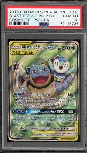 Pokemon Blastoise & Piplup GX Cosmic Eclipse Full Alt Art #215 PSA 10 Gem Mint