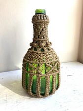 Vintage 70s Brown Macrame Rope on Green Glass Bottle Handmade Woven Hippy Decor