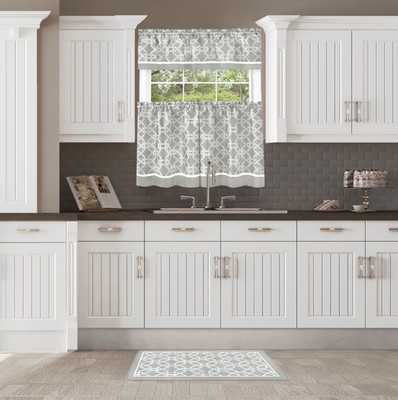 Two Tone Design Tier Panels and Valance Set with Eco Friendly Floor Mat, Grey