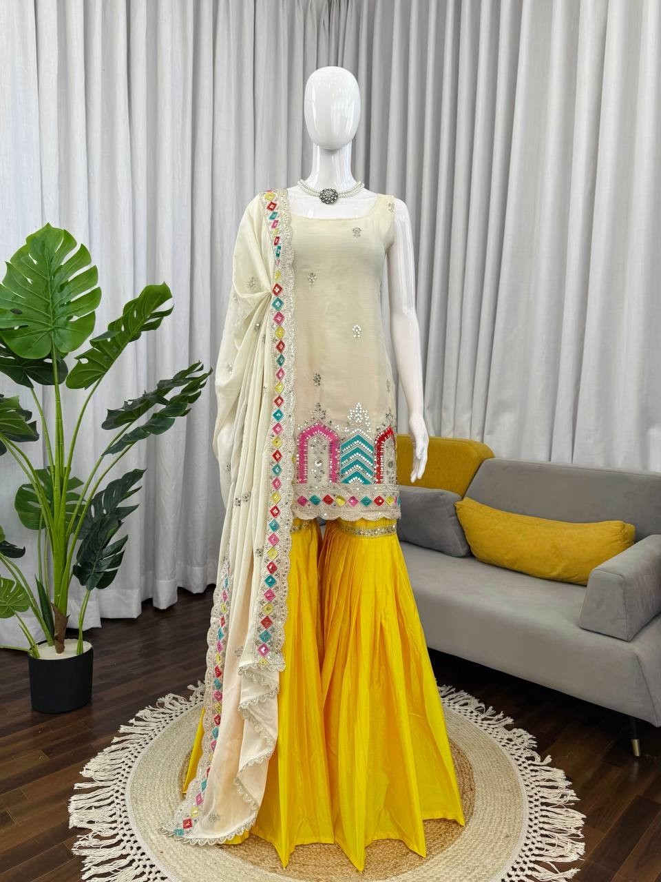 Latest Heavy Chinon Silk Off White Top Palazzo With Dupatta For Festival Wear thumbnail 2