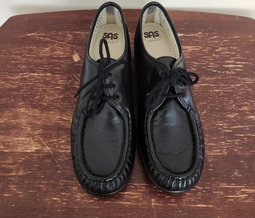 SAS Siesta Black Leather Comfort Lace Up Made In USA Women Size 9M Loafers Shoes - Picture 4 of 7