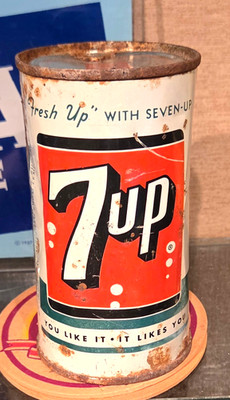 1950S BLACK STRIPE 7 UP FLAT TOP SODA CAN 7UP RESEARCH CORP ST LOUIS