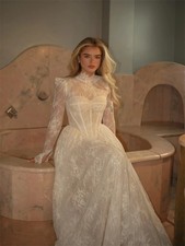 Full Lace Wedding Dresses Luxury Bride Dress High Neck Long Sleeves Bridal Gowns