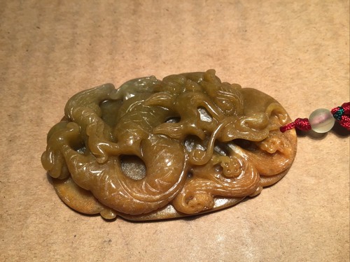 Green Jadeite Carved Dragon One Sided One Tone Partial Translucent Pendant - Picture 2 of 16