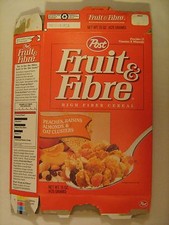 POST Cereal Box 1993 FRUIT FIBRE Peaches Raisins Almonds Oat Clusters G7e5