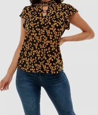 Adrienne Vittadini Women's Black Short Flounce Sleeve Smocked Neck Top Size XL