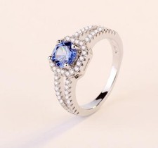 Pave Princess Blue Sapphire Cubic Zirconia Silver SP Promise Ring RS24